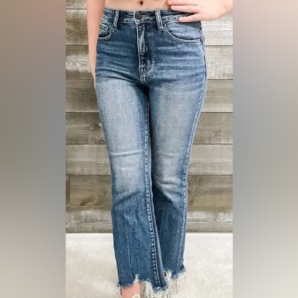 NWT Risen high rise frayed hem ankle flare jeans in medium wash - 1/25 × 1